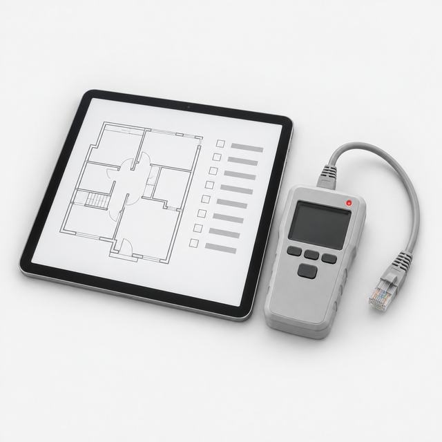 Tablet with a floor plan and a cable tester