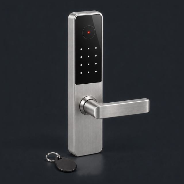 Brushed stainless smart lock with a keypad, a card reader zone with a red light and a lever handle, beside a black key fob