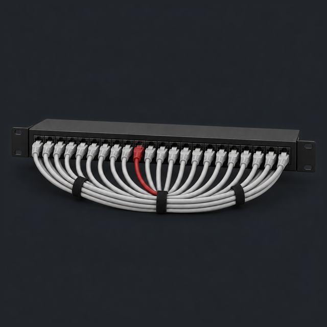 Patch panel with neatly dressed network cables and one red patch cord