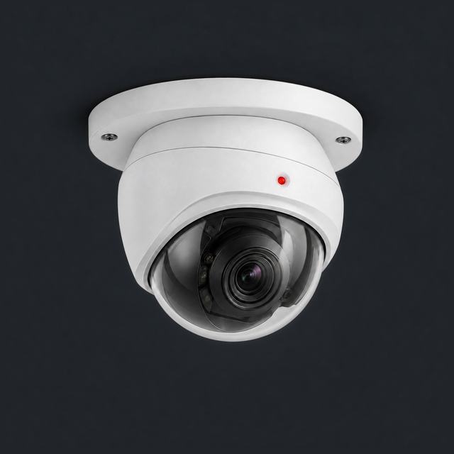 White dome security camera with a red status light