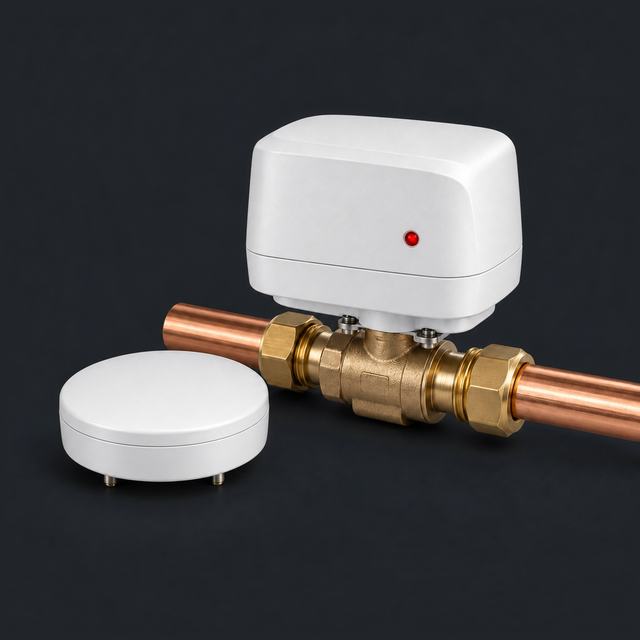 Floor water leak sensor beside a motorised shut-off valve on a copper pipe