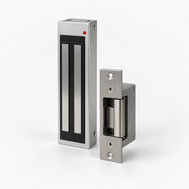 Electromagnetic lock with a red indicator light, beside an electric strike
