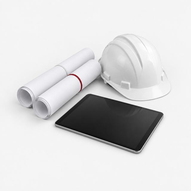 Rolled technical drawings, a hard hat and a tablet