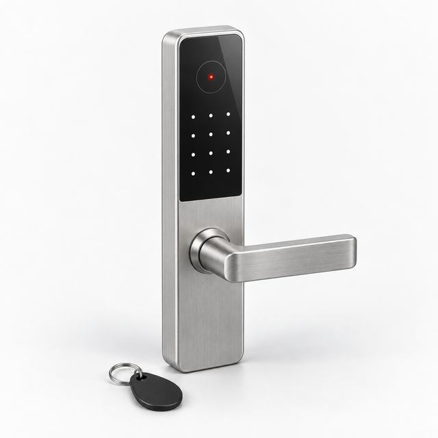 Brushed stainless smart lock with a keypad, a card reader zone with a red light and a lever handle, beside a black key fob