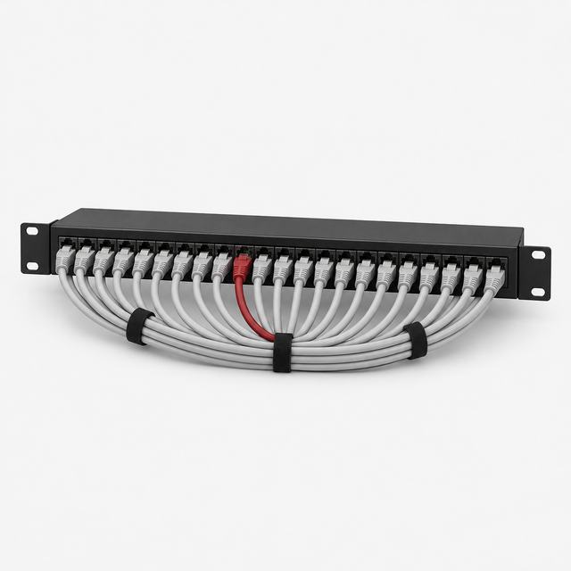 Patch panel with neatly dressed network cables and one red patch cord
