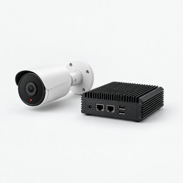 White bullet camera beside a compact video analytics processing unit