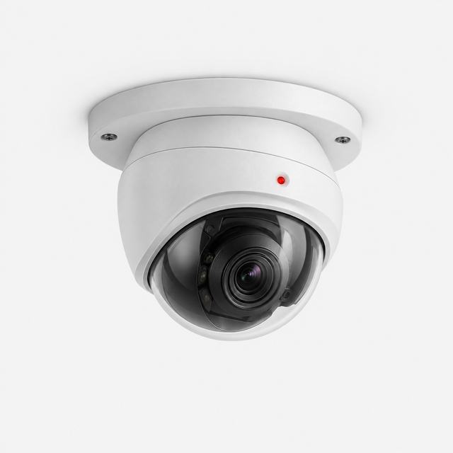 White dome security camera with a red status light