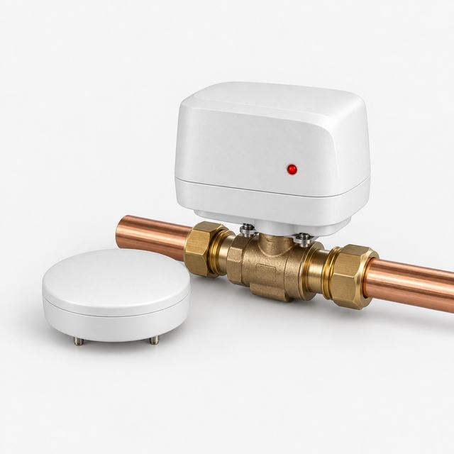 Floor water leak sensor beside a motorised shut-off valve on a copper pipe