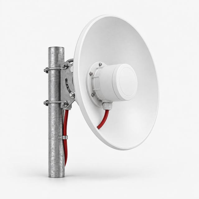 Outdoor point-to-point dish radio on a pole mount