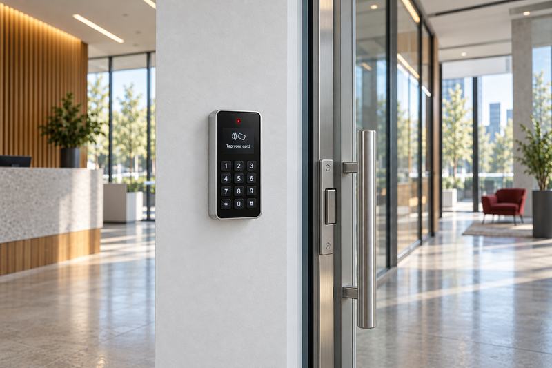 Access control reader with a keypad and a tap-your-card screen mounted beside the glass entrance door of an office lobby