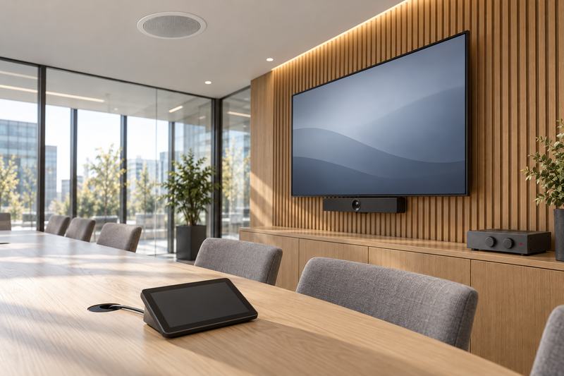 Meeting room with a wall-mounted display, a soundbar, a ceiling speaker and a touch control panel on the table