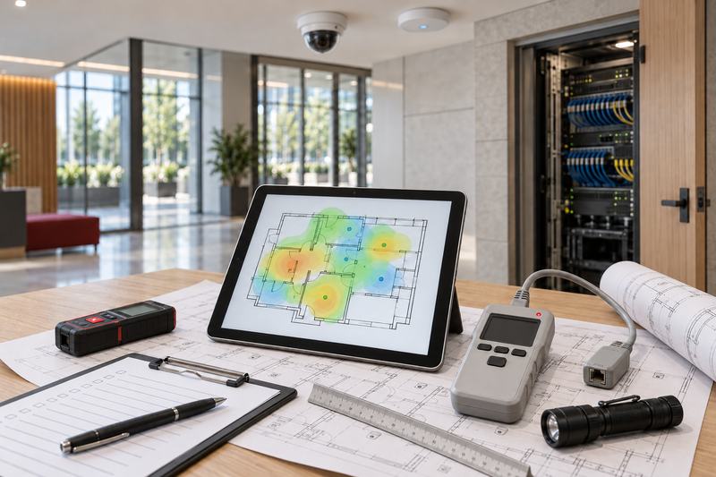 Site audit in progress on a desk: a tablet showing a wireless coverage map over a floor plan, a cable tester, a laser measure and a checklist, with a network rack behind