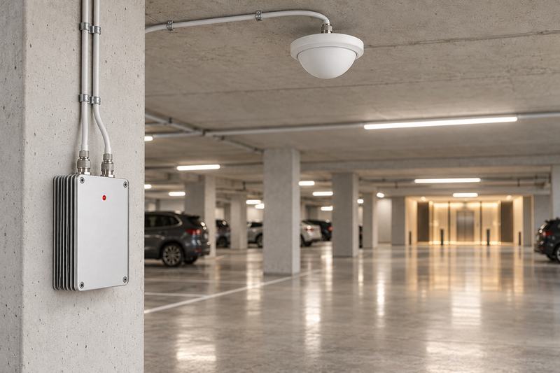 Cellular signal amplifier on a concrete column of an underground parking garage, with a dome antenna on the ceiling