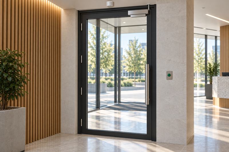 Closed glass entrance door of an office lobby, seen from inside, with an electromagnetic lock at the top corner of the frame, a push-to-exit button on the wall beside it and a request-to-exit sensor above