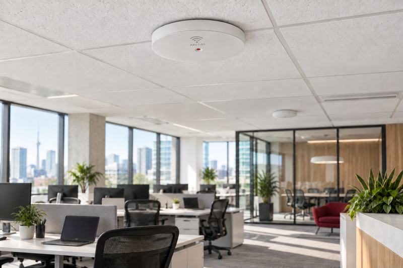 Ceiling-mounted Wi-Fi access point above an open-plan office with workstations and large windows