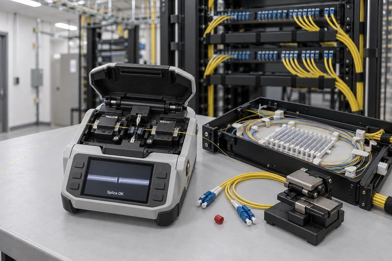 Fusion splicer on a workbench showing a completed splice, beside a fibre splice tray and yellow fibre patch cords, with fibre racks behind
