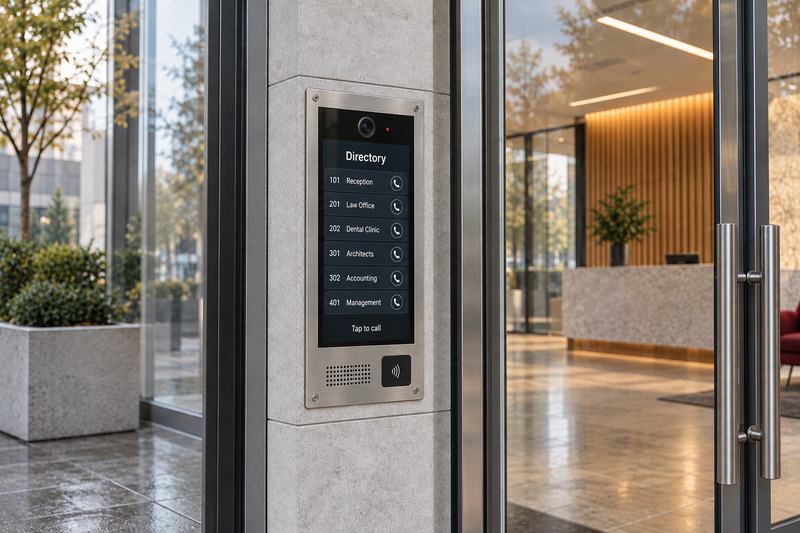 Video intercom panel with a touchscreen tenant directory, mounted at the entrance of an office building