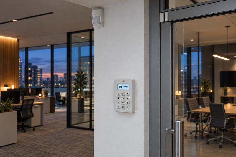 Alarm keypad showing an armed status beside an office door at dusk, with a motion detector mounted high in the corner