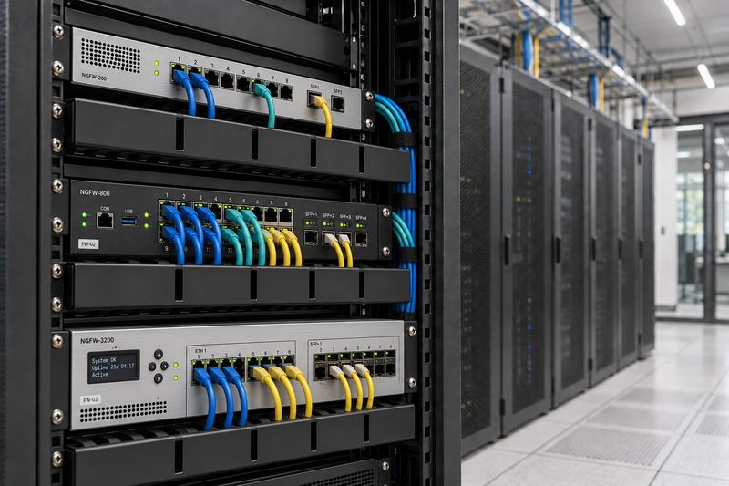 Network firewall appliances in a rack with blue and yellow patch cords, in a server room