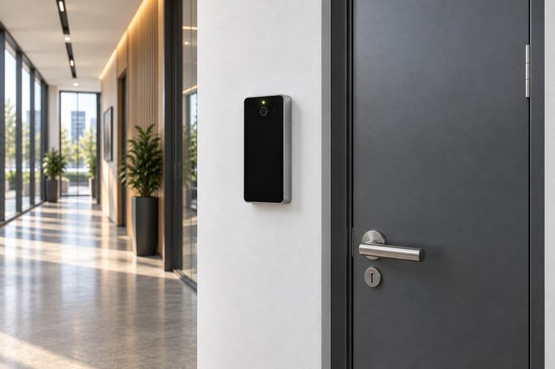 Lecteur de reconnaissance faciale fixé au mur à côté de la porte fermée d’une salle à accès restreint, dans un corridor de bureaux