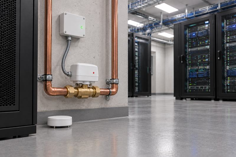 Motorised shut-off valve on a copper pipe and a leak sensor on the floor beside a server rack, in a server room