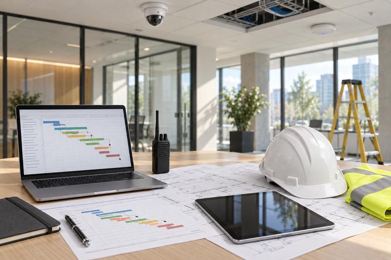 Project planning on a site table: a laptop showing a project schedule, a tablet, drawings, a hard hat and a safety vest, in an office under fit-out