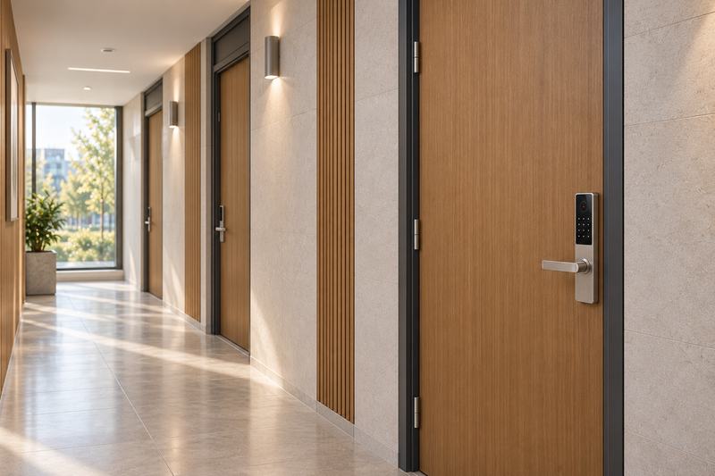 Closed entrance door of an apartment unit in a bright condo building corridor, with a smart lock that has a keypad and a card reader above its lever handle, and more unit doors further down