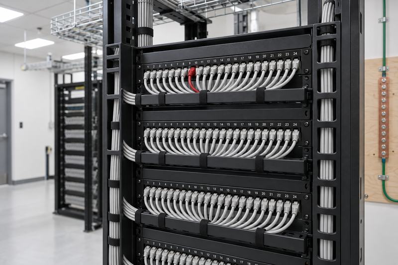 Open network rack in an equipment room with patch panels and neatly dressed white cables