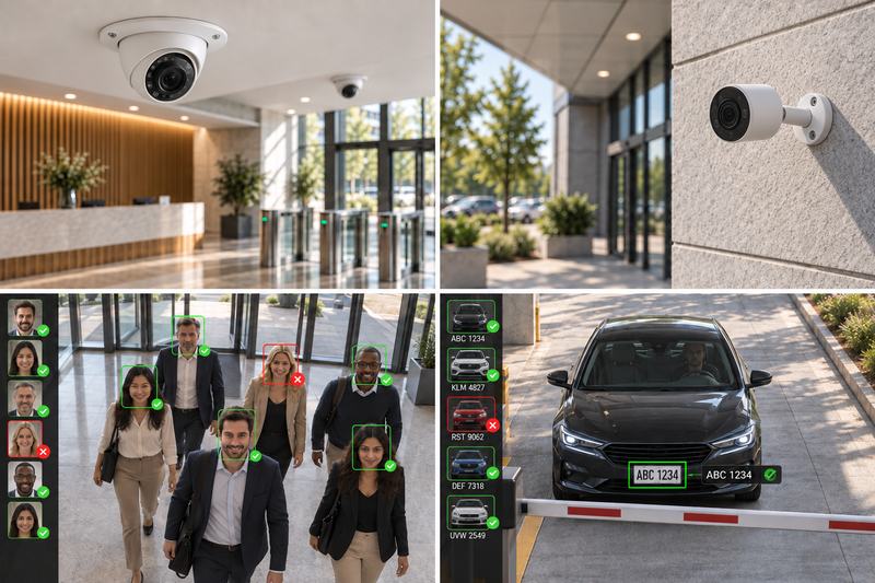 Four views of a commercial camera system at work: a dome camera above a lobby, an outdoor camera at a building entrance, video analytics at a staff entrance and licence plate reading at a parking gate