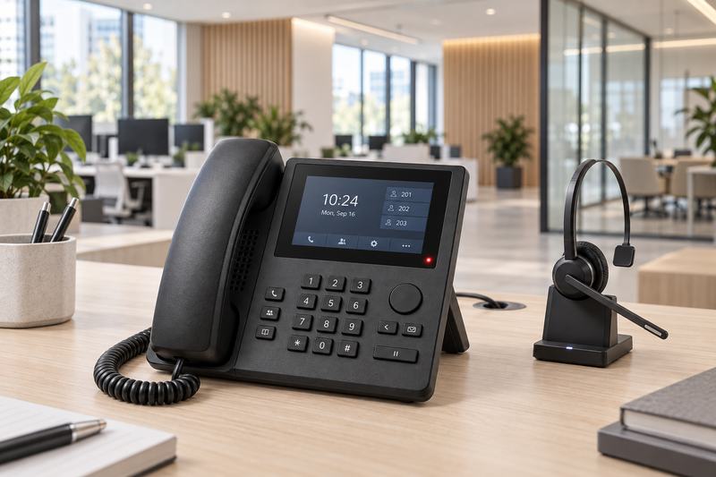 Desk IP phone with a colour screen and a wireless headset on a desk in an open office