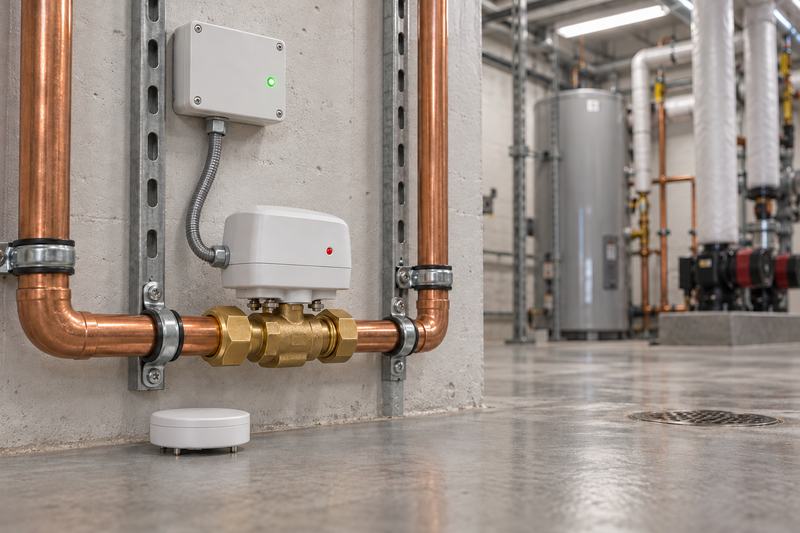 Motorised shut-off valve on a copper water pipe with a leak sensor on the floor beneath it, in a building mechanical room