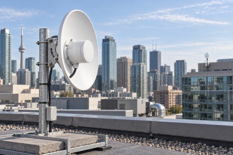 Point-to-point dish antenna on a rooftop mast, aimed across a city skyline
